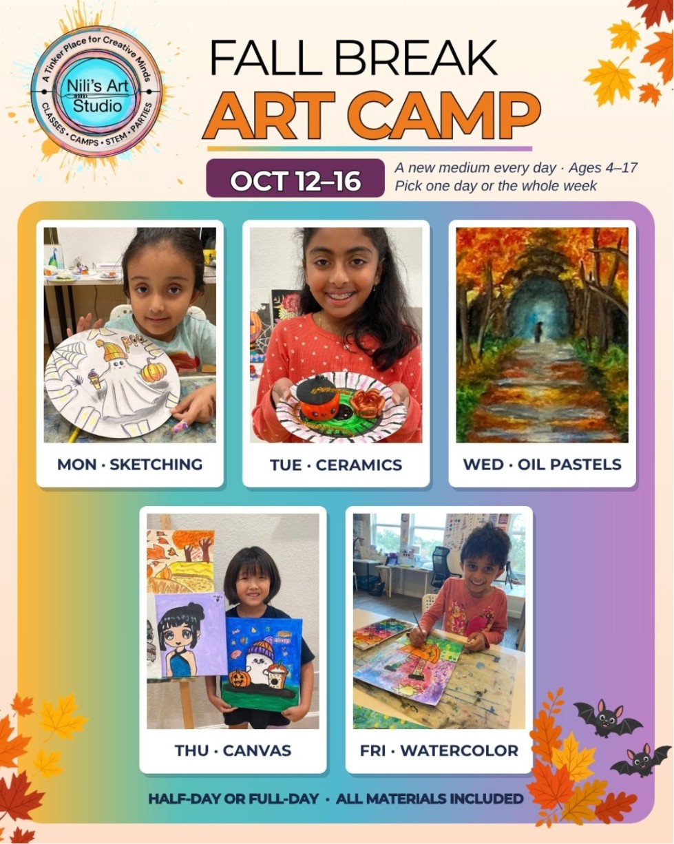 Fall Break Art Camp Oct 12-16 at Nili's Art Studio: sketching, ceramics, oil pastels, canvas and watercolor for ages 4-17